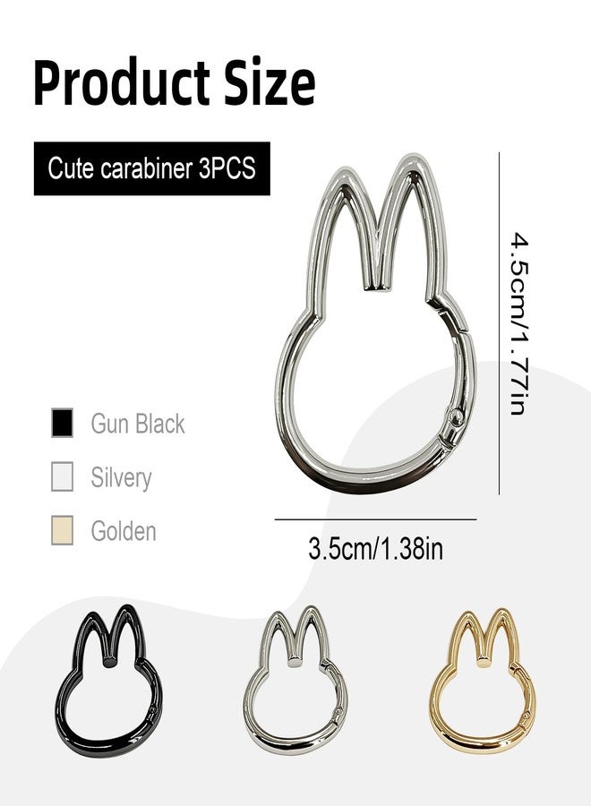EQUNROY 3 Pcs Cute Carabiner Keychain, Adorable Bunny Shape Alloy Key Ring Clip, 4.5cm Cartoon Style Belt Loop Clip for Backpack Purse Dog Leash Decoration(Silver Gold Black) - Image 3
